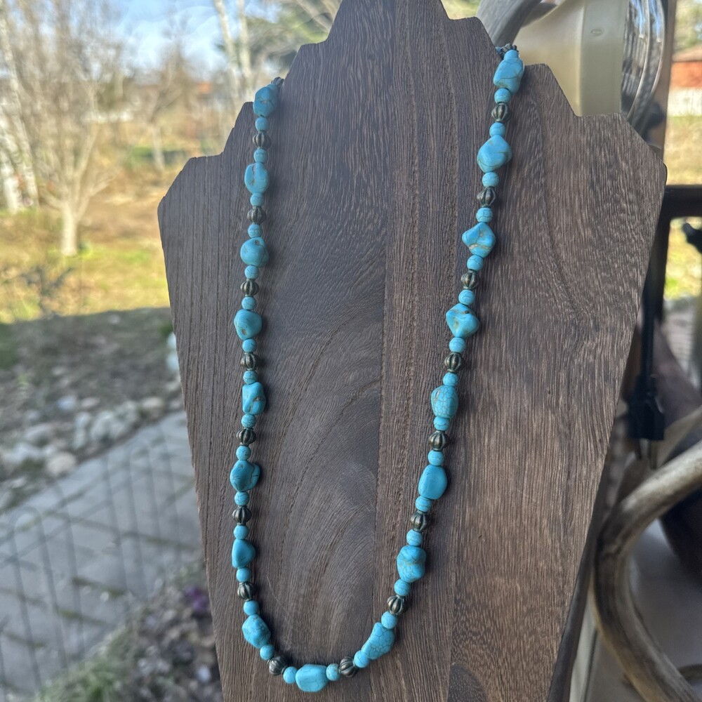 Vtg Southwestern Turquoise Nugget Necklace No Clasp Heavy Beaded Boho Western